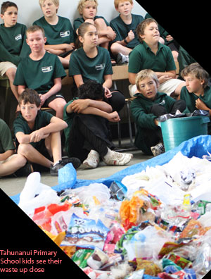 Primary school kids sit in front of a pile of their own rubbish. 