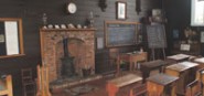 The interior of a historic school building. 