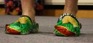 Green shoes made from plastic chip bags. 