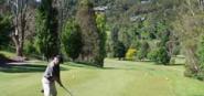 A golfer teeing off on a fairway. 