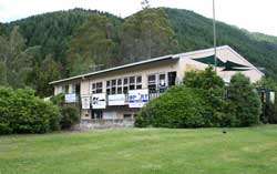 A building surrounded by trees. 
