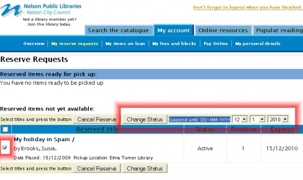 Suspend your reserve request - sample screenshot