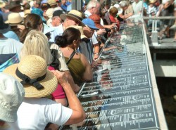 People gather at a long black plaque to read the enscription. 