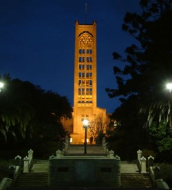 Nelson Cathedral Tower at night. 