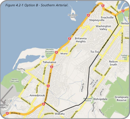A map of Nelson highlighting Option B. 