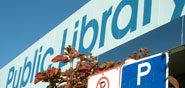 An exterior public library sign. 